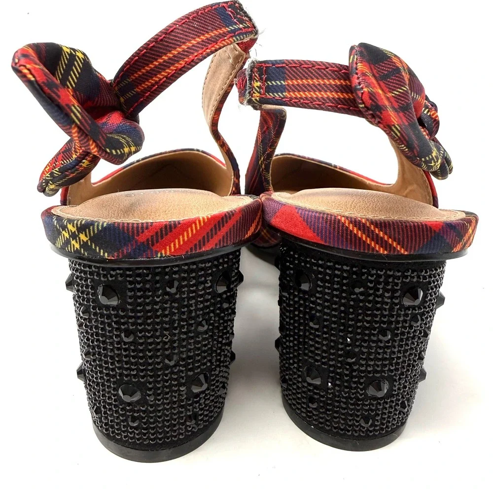 Betsey Johnson Torrid Red Plaid Slingback Block Heels Rhinestone Bow Pumps 8W‎